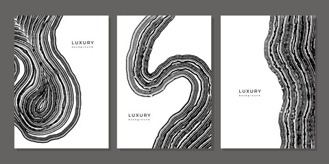 Set of luxury black and white backgrounds with wood annual rings texture. Template with shiny tree ring pattern. Stamp of tree trunk in section. Wooden concentric circles. Grunge background