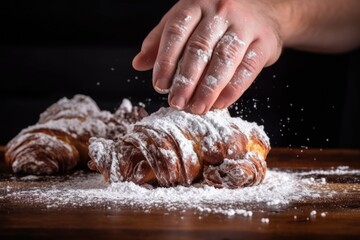 Wall Mural - hand dusting powdered sugar on a chocolate croissant
