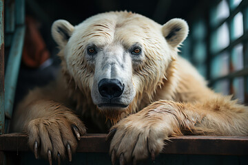 Wall Mural - Polar bear that lives in a zoo being caged up. Generative Ai.