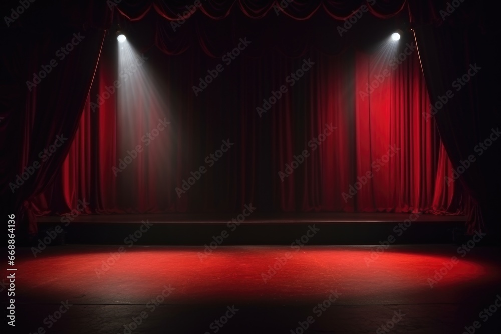 spotlights illuminating an empty stage with red curtains Stock Photo ...