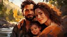 Painting Of The Young Couple Holding A Child In Front Of A Lake. Fantasy Concept , Illustration Painting.