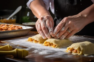 Poster - hand inserting a cheese filling into raw empanada dough