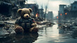 Alone sad teddy bear dressed as military, sitting by a puddle of water in a destroyed boomed city