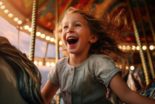 A Child Rides On A Vintage Carousel With Horses And Has Fun