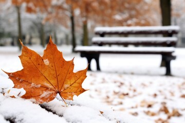 Wall Mural - a single autumn leaf on a snow-covered park bench