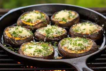 Canvas Print - four grilled portobellos in a pan, topped with garlic butter