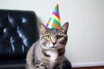 Sticker - a pet cat wearing a tiny party hat