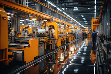 Poster - A manufacturing plant with assembly lines, emphasizing the industrial aspect of large-scale production. Generative Ai.