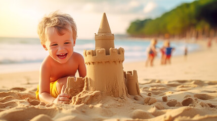 Wall Mural - boy at sunset builds a sand castle on the shore