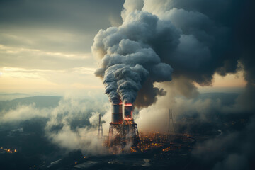 Canvas Print - An industrial smokestack emitting thick plumes of dark smoke into the atmosphere, highlighting the impact of fossil fuel emissions on air quality and the climate. Generative Ai.