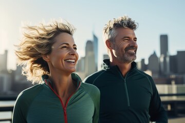 Wall Mural - adult couple 45-55 years old, training in the city at sunset, city jogging, cardio prevention.