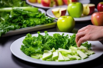 Poster - hand arranging lettuce leaves for waldorf salad on the plate