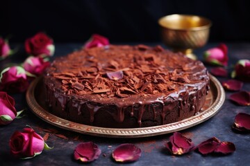 Wall Mural - dark cacao date vegan cake on a rose gold tray