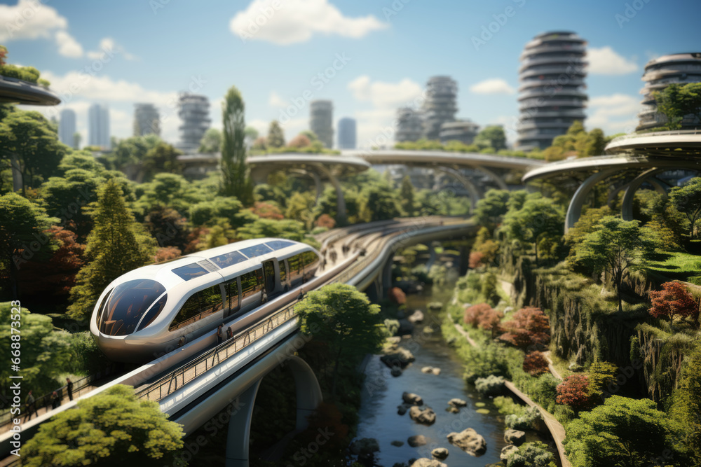 An aerial view of a green city with eco-friendly architecture and ...