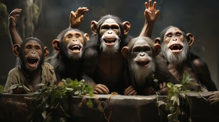 Sticker - Wild animal family: Laughing and happy monkey community captured in close-up portrait