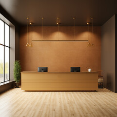 Front display showroom interior design building. hotel reception. Reception area of modern office. Office wooden reception and wooden wall