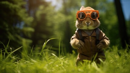 Sticker - A rabbit in a suit and sunglasses standing in the grass. Generative AI.