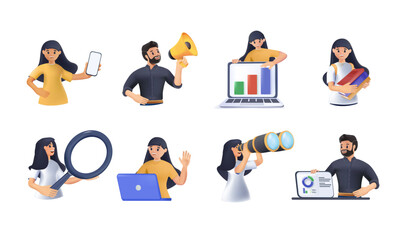 Set of people, men and women read book, work on laptop, search with magnifier, communicate, 3D illustration. Vector graphic objects for collages and illustrations. Modern colorful 3D cartoon style
