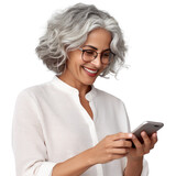Fototapeta Uliczki - Older woman smiling and looking at her smartphone, transparent background (PNG)