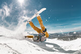 Real snowboarder falls at offpiste ski slope. ski safety concept