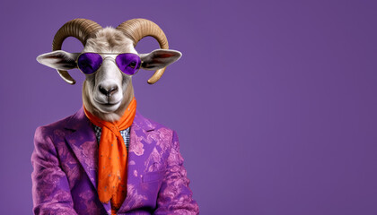 Canvas Print - Cool looking ram or male sheep wearing funky fashion dress - jacket, shirt, sunglasses. Wide banner with space for text at side. Stylish animal posing. Generative AI