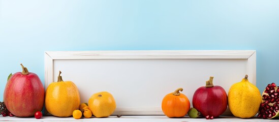 Wall Mural - Fruits in white wood frame on blue background