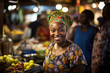 A cheerful woman, the owner of a vegetable stand, smiles warmly while serving customers fresh produce