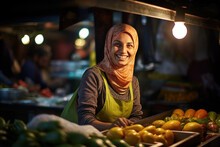 A Smiling Vendor At A Local Market Provides Friendly Service, Making Shopping For Vegetables A Joyful Experience