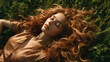 © dinastya - Beautiful young girl with long, healthy, shiny, wavy hair lying on the grass in the garden.
