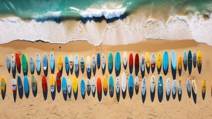 Canvas Print - A group of surfboards are lined up on the beach. Generative AI.