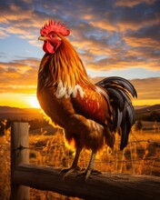 A Rooster Stands On A Fence In A Field At Sunset. Generative AI.