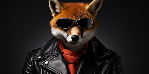 Canvas Print - A fox wearing sunglasses and a leather jacket. Generative AI.