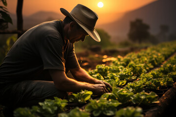 Canvas Print - A farmer carefully tending to rows of thriving, sustainable crops. Concept of agricultural practices that can contribute to achieving Zero Hunger. Generative Ai.