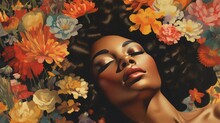 Vintage Illustration Of A Black Woman Lying With Her Eyes Closed And Surrounded By Colorful Flowers. Image Generated With AI.
