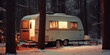70's camper in a wood's street with the snow outside