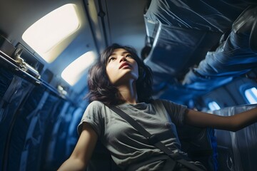 Wall Mural - Photo of young Asian woman inside an abstract airplane