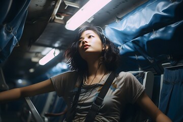 Wall Mural - Photo of young Asian woman inside an abstract airplane