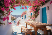 Beautiful Greek Courtyard With White Walls And Blue Doors And Windows Surrounded By Blooming Bougainvillea Garden On Sunny Summer Day