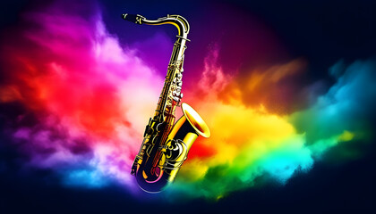 Saxophone in cloud colorful dust. World music day banner with musician and musical instrument on abstract colorful dust background. Music event, Expression, symphony, colorful design