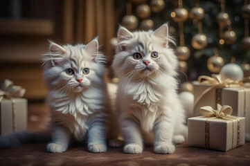 Beautiful cute kittens with Christmas gifts in a festive interior