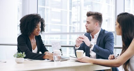 Poster - Group communication, folder and business people meeting, teamwork and financial analyst review paperwork. Administration documents, portfolio and staff cooperation, conversation or finance analysis