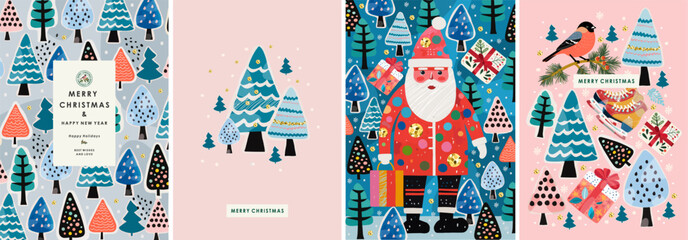 Wall Mural - Merry Christmas and Happy New Year! Vector cute naive illustrations of Santa Claus, fir trees, pattern, forest, winter for greeting card, poster or background