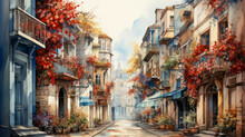 Watercolor Painting Of A City Streets In Autumn