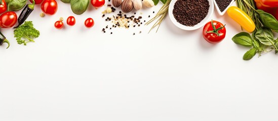 Canvas Print - Top view of white surface with Italian food in background