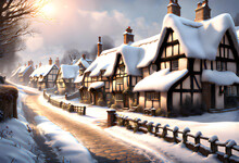 Medieval Village Street In Winter With Ancient Thatched Houses Covered In Snow