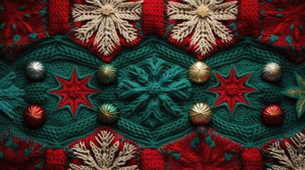 Wall Mural - Knitted Christmas Ugly sweater background in white, red, green colors. Knit print. Knitted Xmas sweater texture wallpaper. Merry Christmas Happy New Year concept..