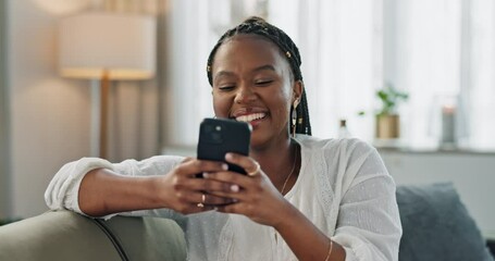 Wall Mural - Happy, funny and black woman on a couch, smartphone or connection with social media, comedy post or home. African person, apartment or girl on sofa, cellphone or mobile user with humor, laugh or joke