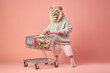 A lion stands next to a grocery cart during shopping