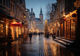 Fototapeta Dziecięca - A winter wonderland unfolds in a charming old city, beckoning viewers to its magical embrace
