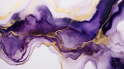 Wall Mural - Abstract fluid art on white background with dark purple and gold colors